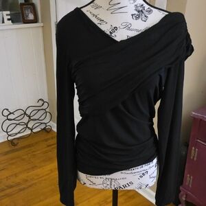 LOFT Black Wrap-Style Long Sleeve Top